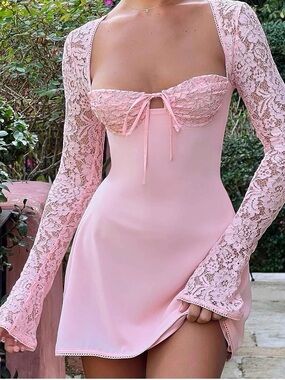 Pink Lace Long-Sleeve Mini Dress